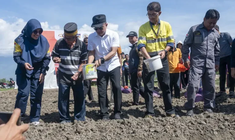 Wali Kota Palu Hadianto Rasyid (ketiga kiri) bersama Kepala Teknik Tambang (KTT) PT Citra Palu Mineral (CPM) Yan Adriansyah (kedua kanan) menanam bibit bawang merah di Kelurahan Tanamodindi, Palu, Sulawesi Tengah, Senin (12/5/2025). (bmzIMAGES/Basri Marzuki)