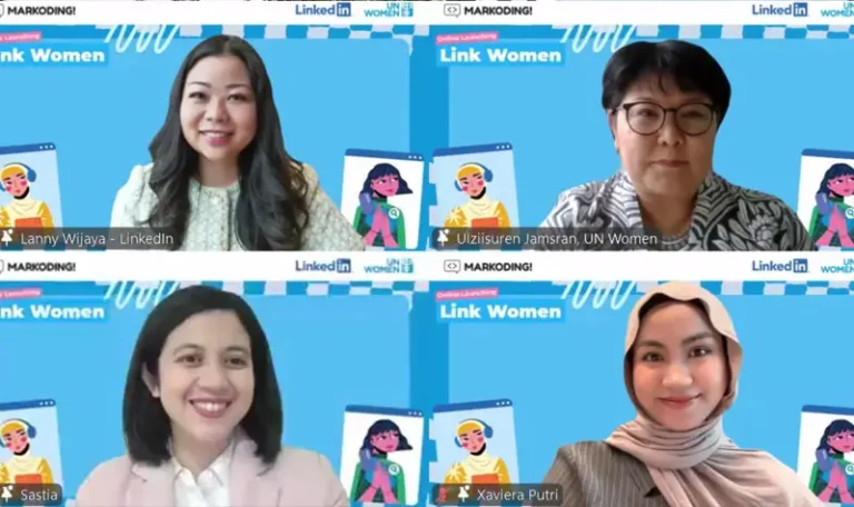 Lanny Wijaya, Head of New Business LinkedIn untuk Indonesia; Ulziisuren Jamsran, Perwakilan UN Women untuk Indonesia dan Liaison ASEAN; Dr. Sastia Prama Putri, Associate Professor di Universitas Osaka dan Ahli Metabolomik; dan Xaviera Putri, UN Indonesia Champion for Women and Girls in Science, penulis dan influencer; di peluncuran program Link Women di Jakarta, Jumat (16/5/2025). (Foto: UN Women)